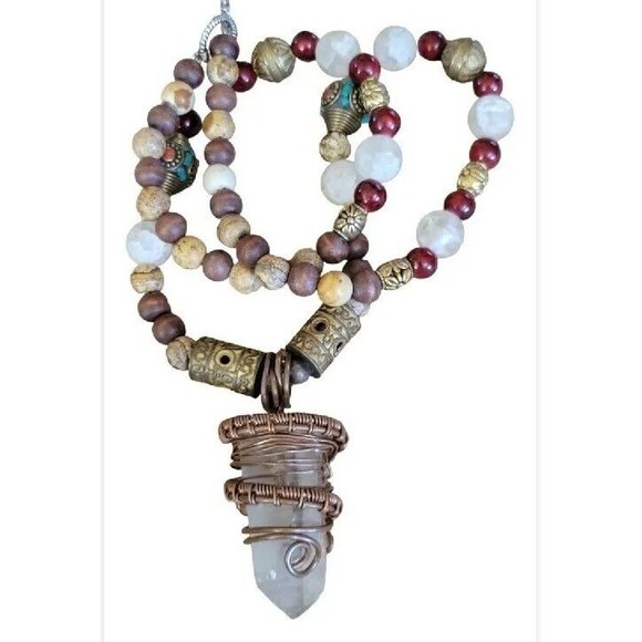 Huge Quartz Crystal Copper Wire Wrap Jasper Coral Turquoise Inlay Bead Necklace - Picture 5 of 6